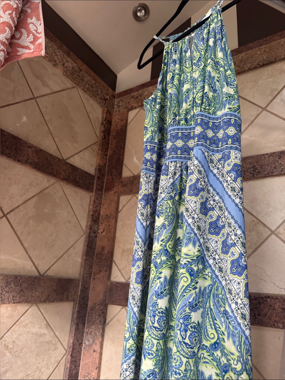 London Times Blue & Green Paisley gathered neckline  Maxi Dress